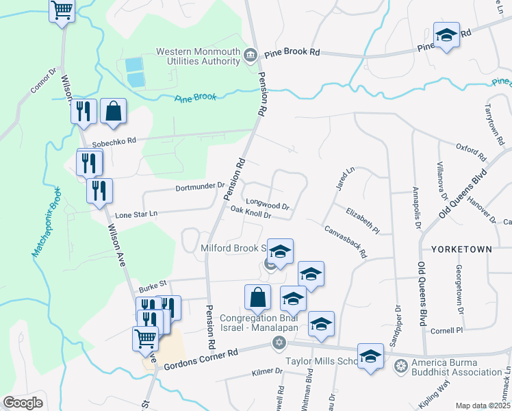 map of restaurants, bars, coffee shops, grocery stores, and more near 207 Longwood Drive in Manalapan Township