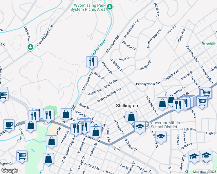 map of restaurants, bars, coffee shops, grocery stores, and more near 500 State Street in Shillington