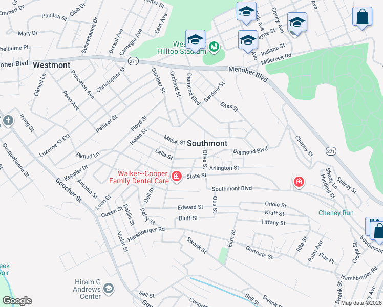 map of restaurants, bars, coffee shops, grocery stores, and more near 109 Leila Street in Johnstown