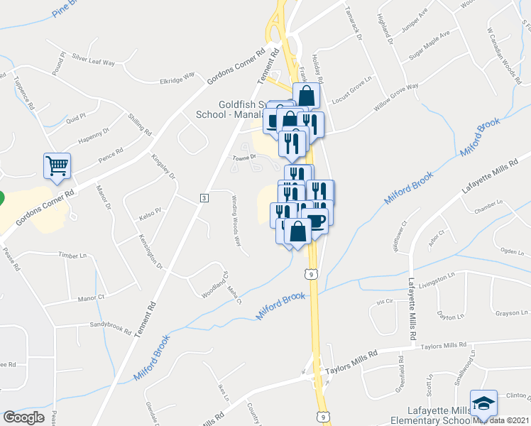 map of restaurants, bars, coffee shops, grocery stores, and more near 25 Center Drive in Manalapan Township