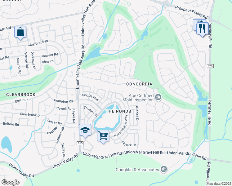 map of restaurants, bars, coffee shops, grocery stores, and more near 393 Barnswallow Way in Monroe Township