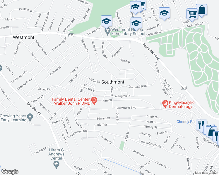 map of restaurants, bars, coffee shops, grocery stores, and more near 207 Diamond Boulevard in Johnstown