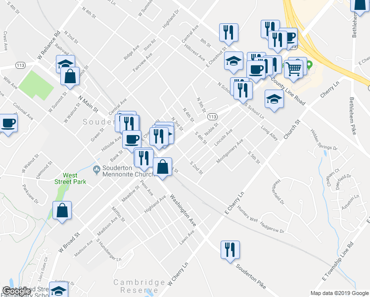 map of restaurants, bars, coffee shops, grocery stores, and more near 209 Noble Street in Souderton