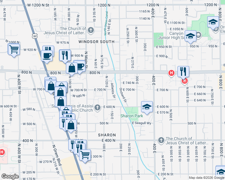 map of restaurants, bars, coffee shops, grocery stores, and more near 660 Atlantis Drive in Orem