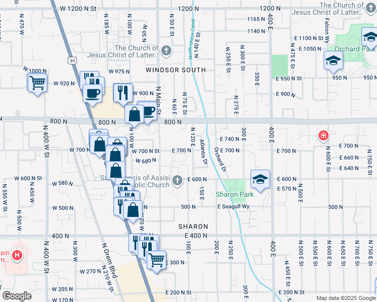 map of restaurants, bars, coffee shops, grocery stores, and more near 671 North 120 East in Orem