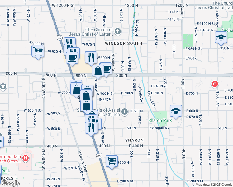 map of restaurants, bars, coffee shops, grocery stores, and more near 10 West 680 North in Orem