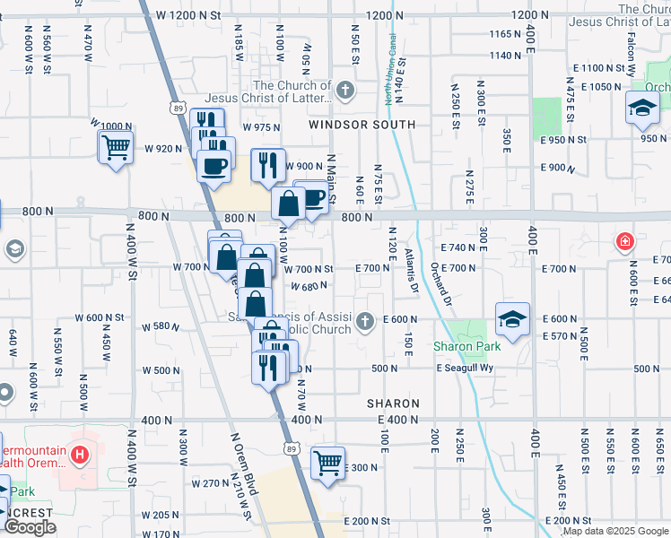 map of restaurants, bars, coffee shops, grocery stores, and more near 10 West 680 North in Orem