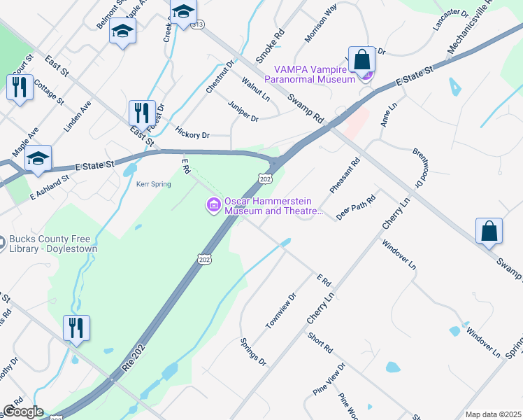 map of restaurants, bars, coffee shops, grocery stores, and more near 18 Houk Road in Doylestown