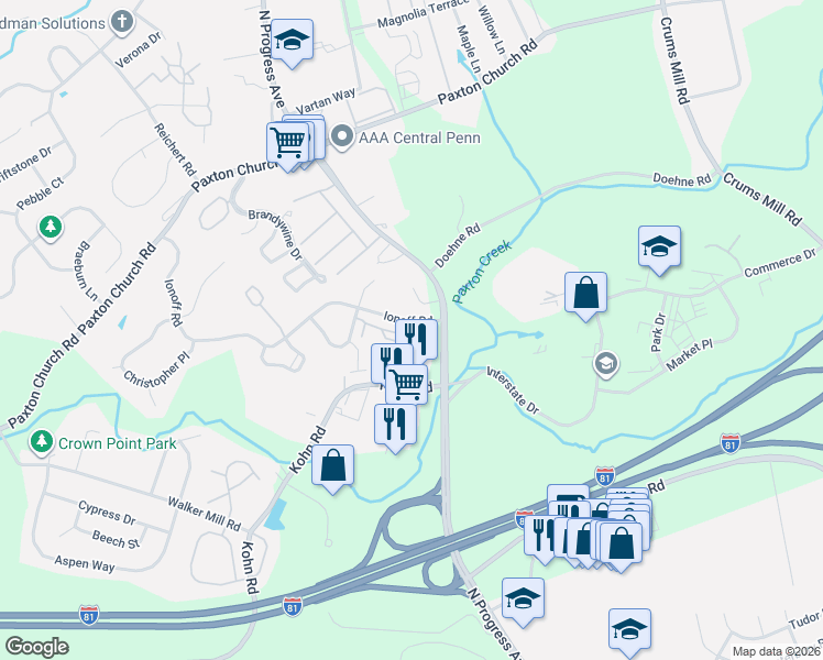 map of restaurants, bars, coffee shops, grocery stores, and more near 2244 Ionoff Road in Harrisburg
