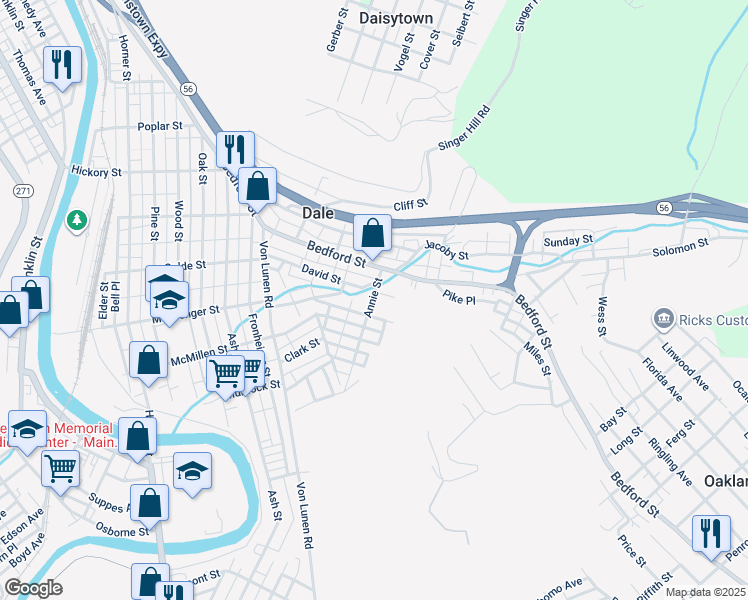 map of restaurants, bars, coffee shops, grocery stores, and more near 1001-1009 Lemon St in Johnstown