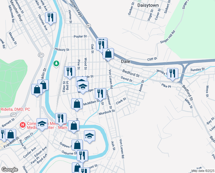 map of restaurants, bars, coffee shops, grocery stores, and more near 701-723 Ream Alley in Johnstown