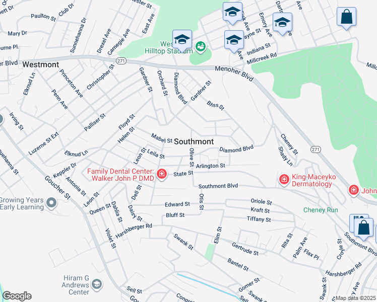 map of restaurants, bars, coffee shops, grocery stores, and more near 206 Diamond Boulevard in Johnstown