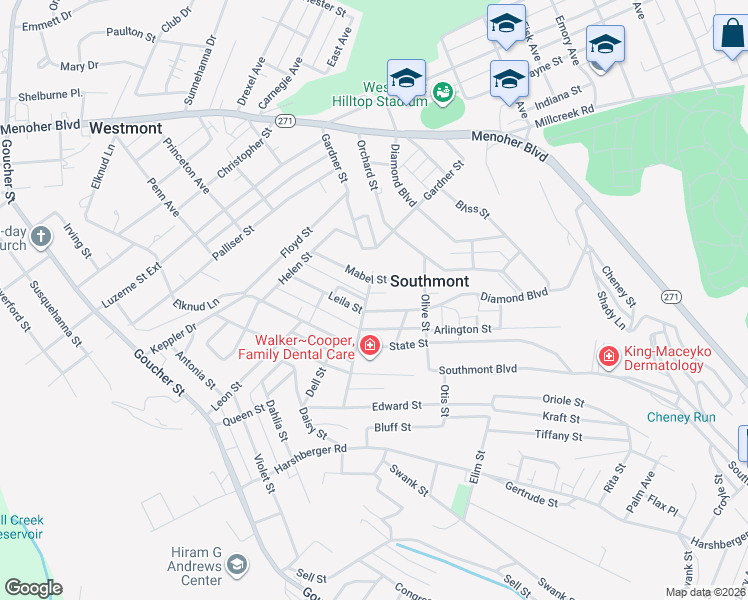 map of restaurants, bars, coffee shops, grocery stores, and more near 109 Leila Street in Johnstown