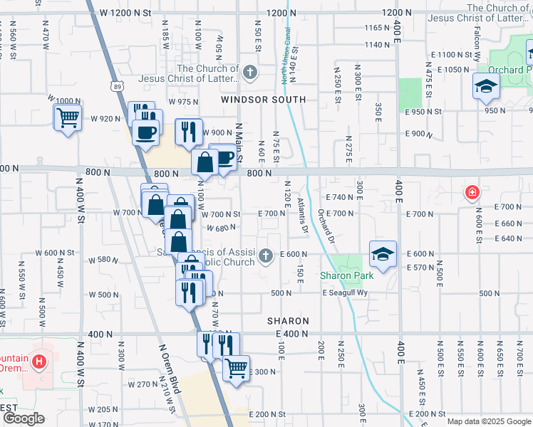 map of restaurants, bars, coffee shops, grocery stores, and more near 64 700 North in Orem