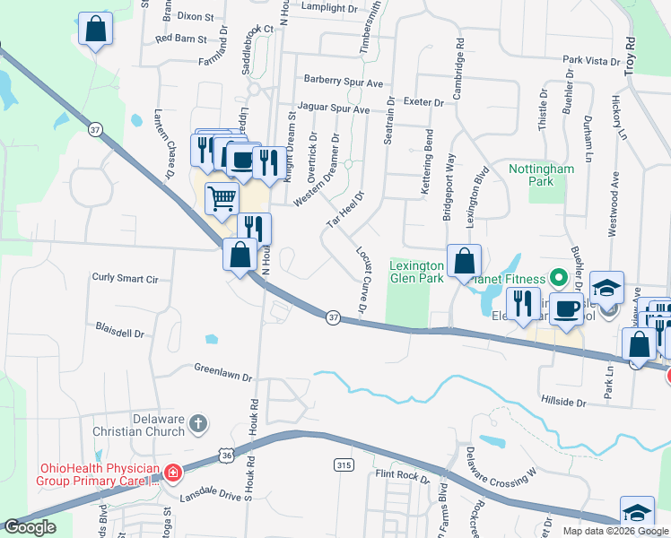 map of restaurants, bars, coffee shops, grocery stores, and more near 119 Tar Heel Drive in Delaware