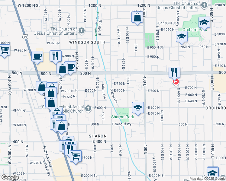 map of restaurants, bars, coffee shops, grocery stores, and more near 211 700 North in Orem