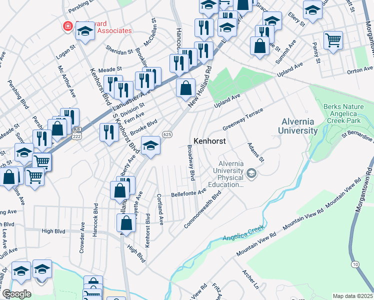 map of restaurants, bars, coffee shops, grocery stores, and more near 1105 Broadway Boulevard in Reading