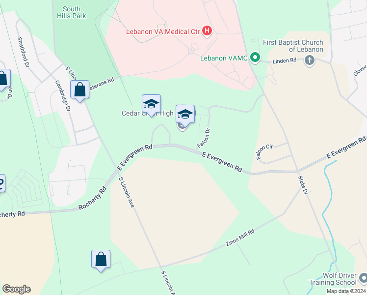 map of restaurants, bars, coffee shops, grocery stores, and more near 115 East Evergreen Road in Lebanon