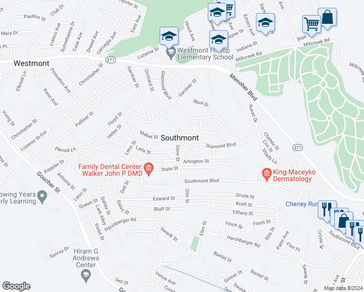 map of restaurants, bars, coffee shops, grocery stores, and more near 301 Diamond Boulevard in Johnstown
