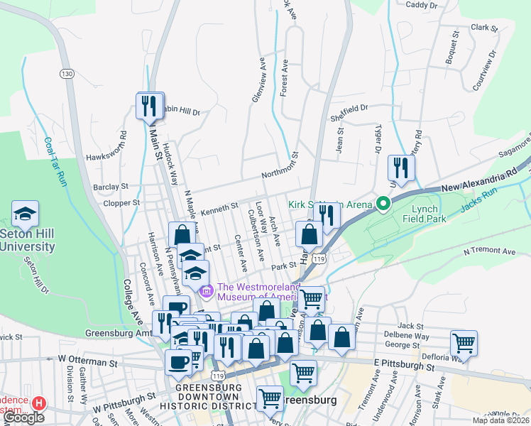 map of restaurants, bars, coffee shops, grocery stores, and more near 417 Culbertson Avenue in Greensburg