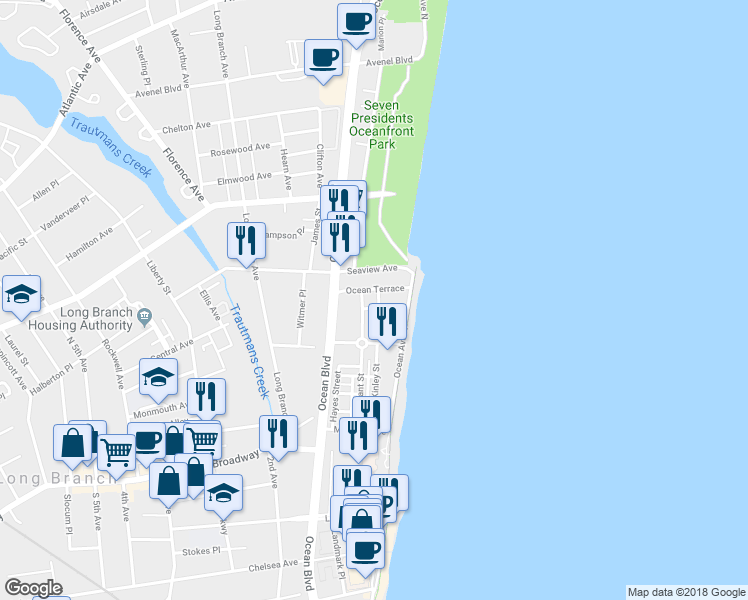 map of restaurants, bars, coffee shops, grocery stores, and more near 45 Marine Terrace in Long Branch