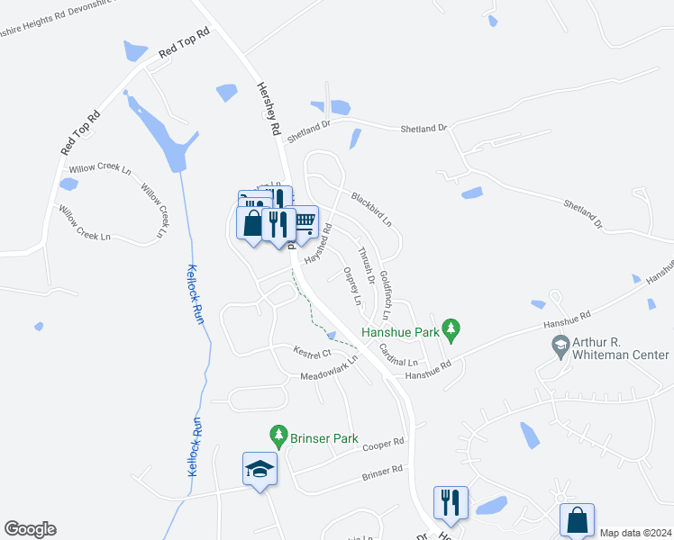 map of restaurants, bars, coffee shops, grocery stores, and more near 107 Hawk Court in Hummelstown