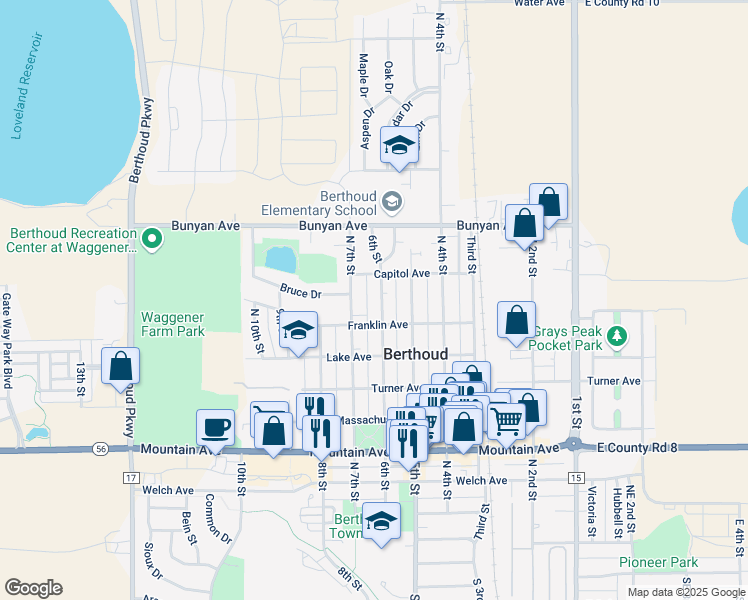 map of restaurants, bars, coffee shops, grocery stores, and more near 532 Franklin Avenue in Berthoud
