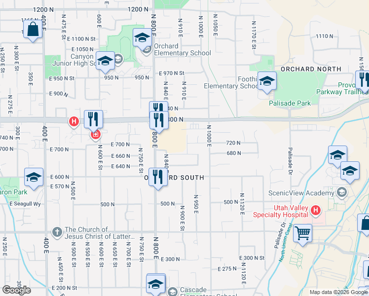map of restaurants, bars, coffee shops, grocery stores, and more near 663 North 950 East Street in Orem