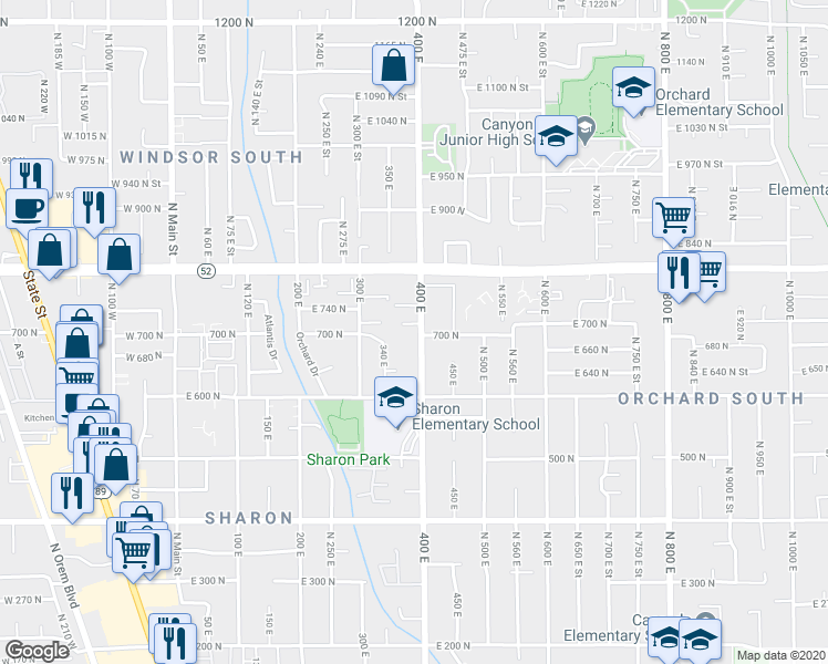 map of restaurants, bars, coffee shops, grocery stores, and more near 681 400 East in Orem