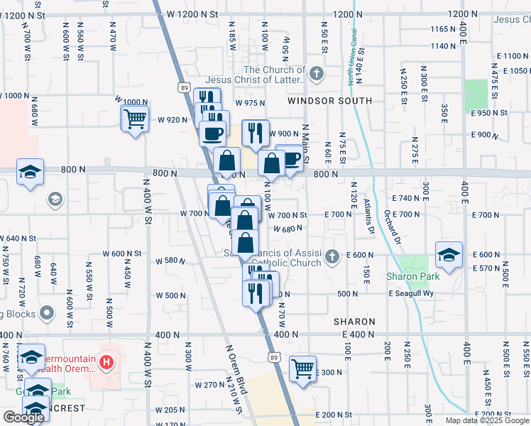 map of restaurants, bars, coffee shops, grocery stores, and more near 657 North 100 West in Orem