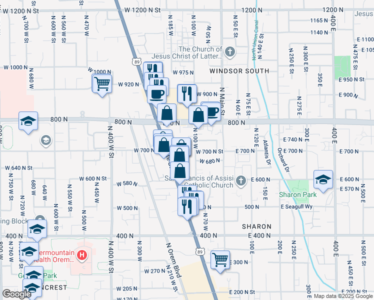 map of restaurants, bars, coffee shops, grocery stores, and more near 657 North 100 West in Orem