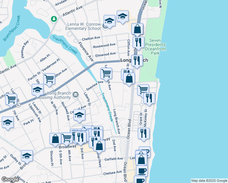 map of restaurants, bars, coffee shops, grocery stores, and more near 97 Long Branch Avenue in Long Branch