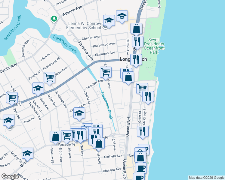 map of restaurants, bars, coffee shops, grocery stores, and more near 97 Long Branch Avenue in Long Branch