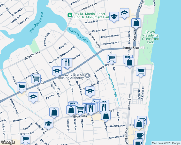 map of restaurants, bars, coffee shops, grocery stores, and more near in Long Branch