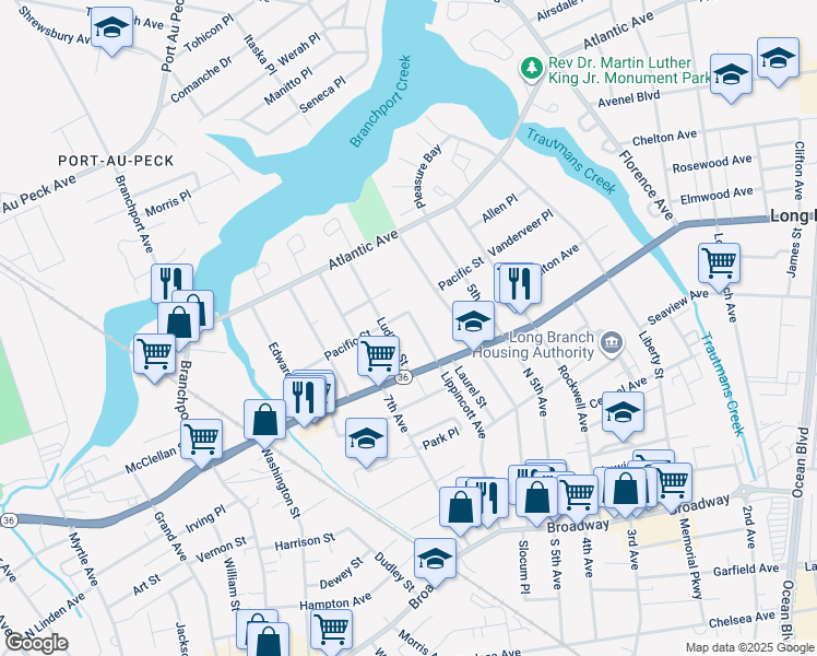 map of restaurants, bars, coffee shops, grocery stores, and more near 173 Ludlow Street in Long Branch