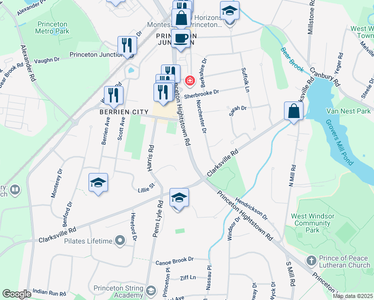 map of restaurants, bars, coffee shops, grocery stores, and more near 90 Princeton Hightstown Road in West Windsor Township
