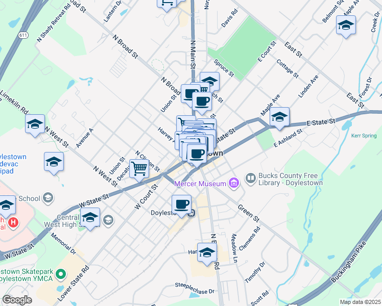 map of restaurants, bars, coffee shops, grocery stores, and more near in Doylestown