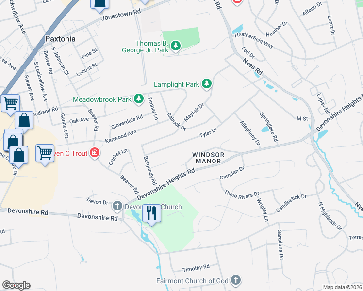 map of restaurants, bars, coffee shops, grocery stores, and more near 5900 Longview Road in Harrisburg