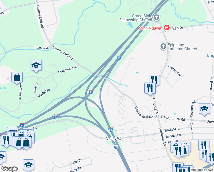map of restaurants, bars, coffee shops, grocery stores, and more near 2778 Monticello Lane in Harrisburg