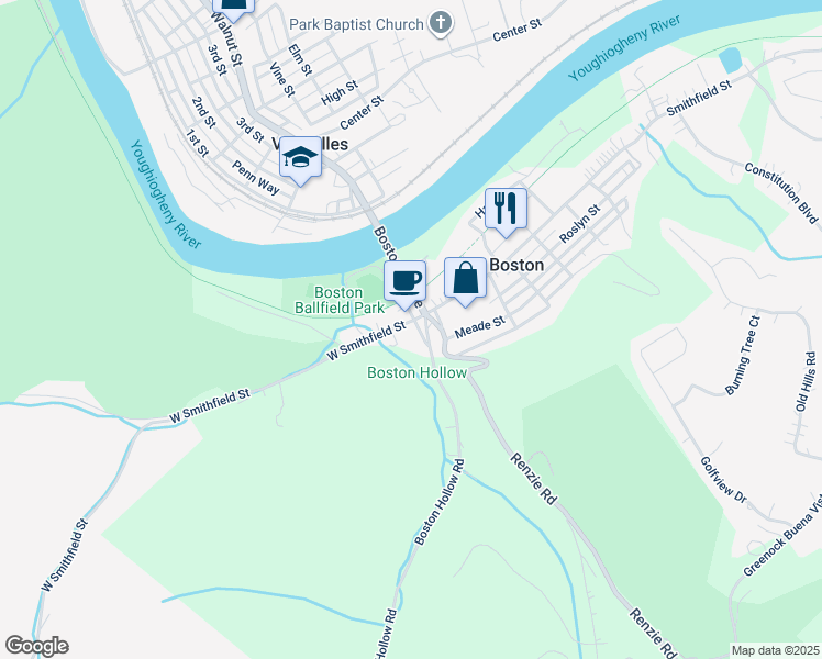 map of restaurants, bars, coffee shops, grocery stores, and more near 1701 Boston Hollow Road in McKeesport