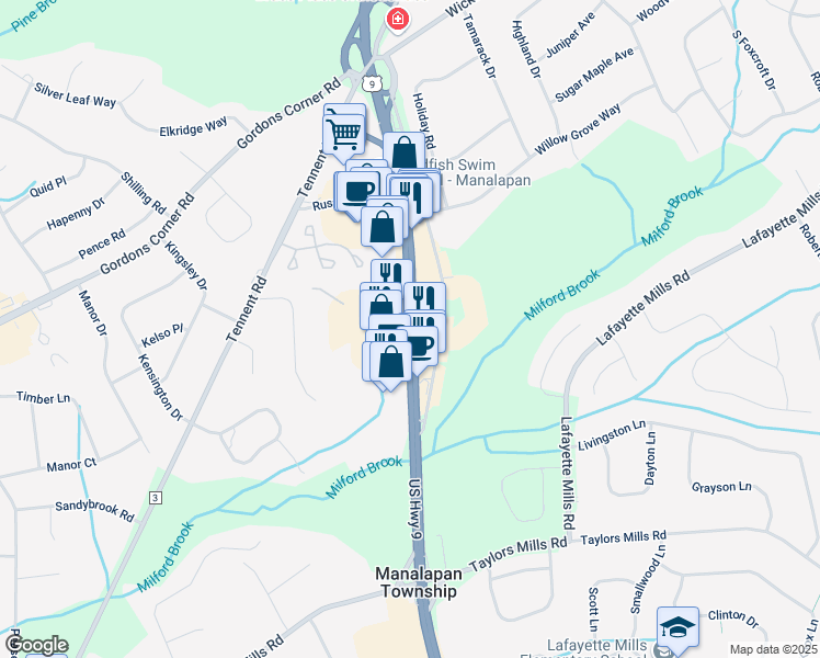 map of restaurants, bars, coffee shops, grocery stores, and more near Route 9 & Center Drive in Englishtown