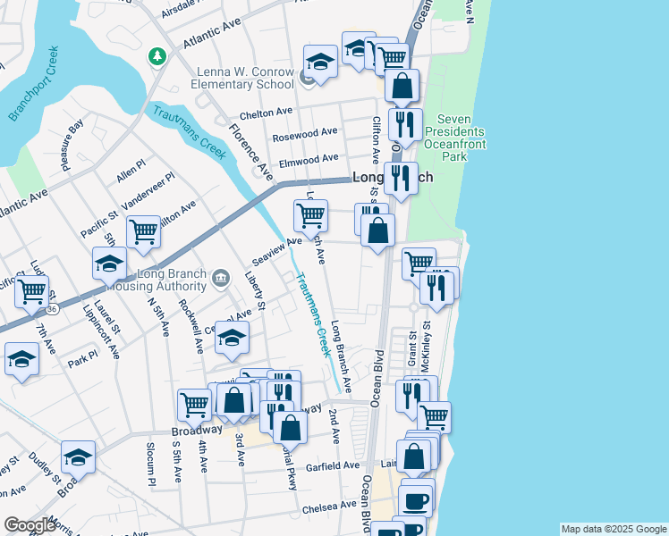 map of restaurants, bars, coffee shops, grocery stores, and more near 97 Long Branch Avenue in Long Branch
