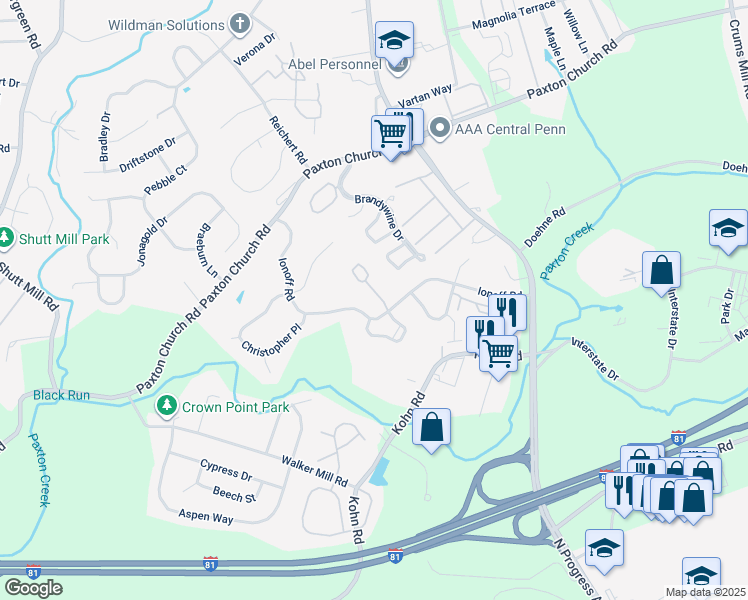 map of restaurants, bars, coffee shops, grocery stores, and more near 2713 Buxton Court in Harrisburg
