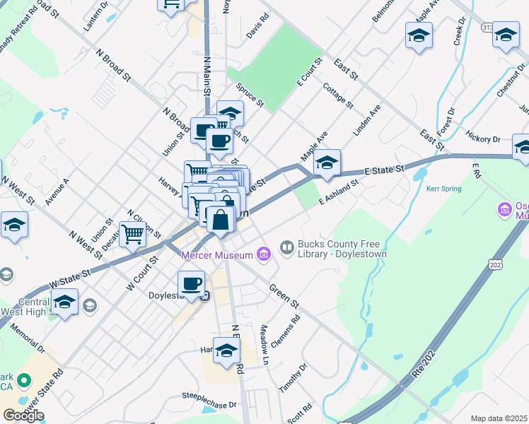 map of restaurants, bars, coffee shops, grocery stores, and more near 104 East Oakland Avenue in Doylestown