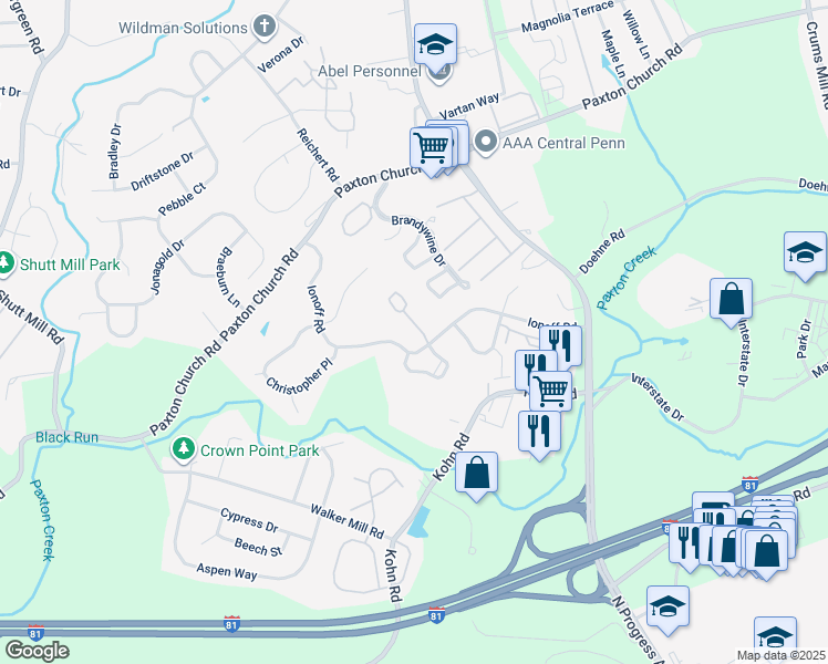 map of restaurants, bars, coffee shops, grocery stores, and more near 2713 Buxton Court in Harrisburg