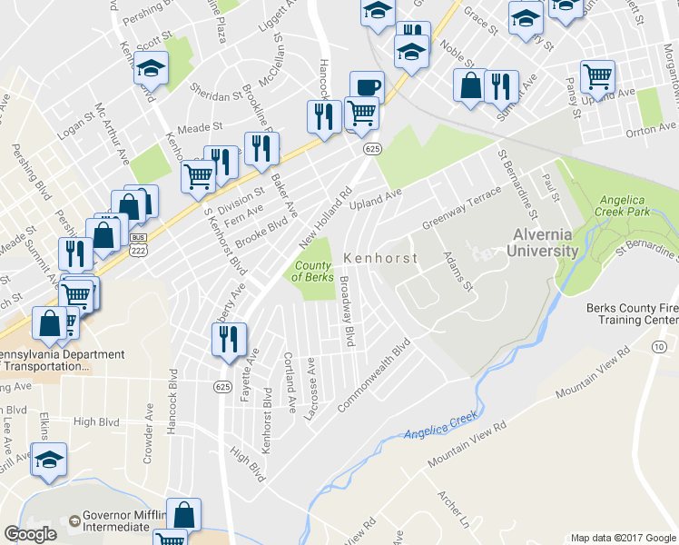 map of restaurants, bars, coffee shops, grocery stores, and more near 1105 Broadway Boulevard in Reading
