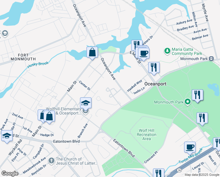 map of restaurants, bars, coffee shops, grocery stores, and more near 85 Paddock Court in Oceanport