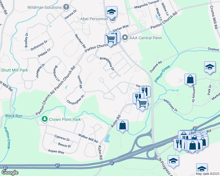 map of restaurants, bars, coffee shops, grocery stores, and more near 2704 Buxton Court in Harrisburg