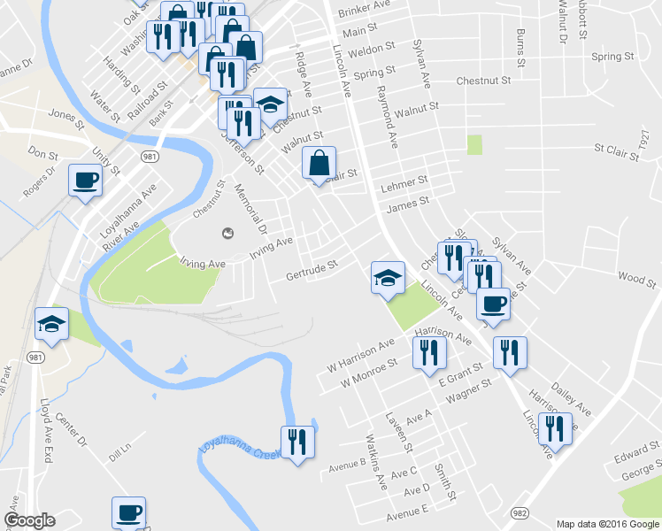 map of restaurants, bars, coffee shops, grocery stores, and more near 219 Gertrude Street in Latrobe