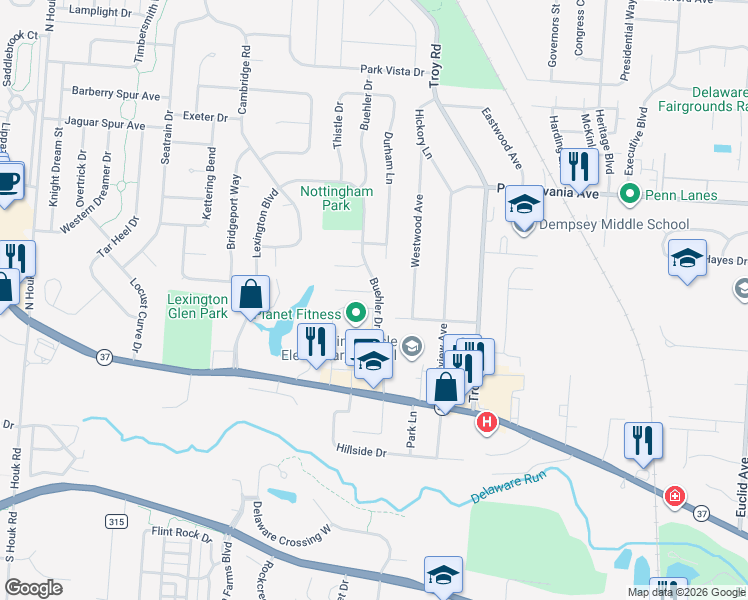 map of restaurants, bars, coffee shops, grocery stores, and more near 564 Buehler Drive in Delaware